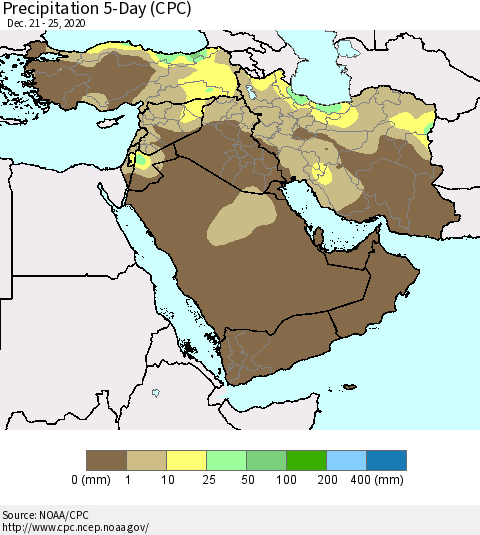 Middle East and Turkey Precipitation 5-Day (CPC) Thematic Map For 12/21/2020 - 12/25/2020