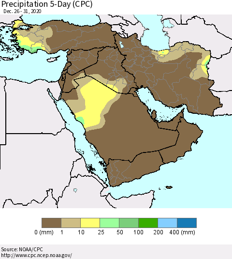Middle East and Turkey Precipitation 5-Day (CPC) Thematic Map For 12/26/2020 - 12/31/2020