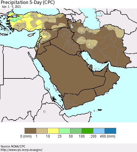 Middle East and Turkey Precipitation 5-Day (CPC) Thematic Map For 4/1/2021 - 4/5/2021