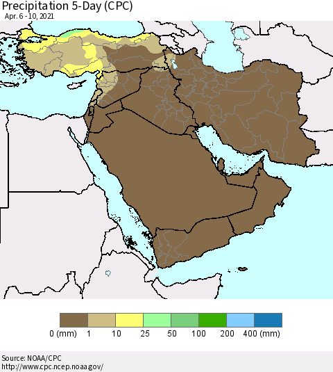 Middle East and Turkey Precipitation 5-Day (CPC) Thematic Map For 4/6/2021 - 4/10/2021