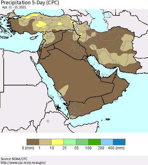 Middle East and Turkey Precipitation 5-Day (CPC) Thematic Map For 4/11/2021 - 4/15/2021
