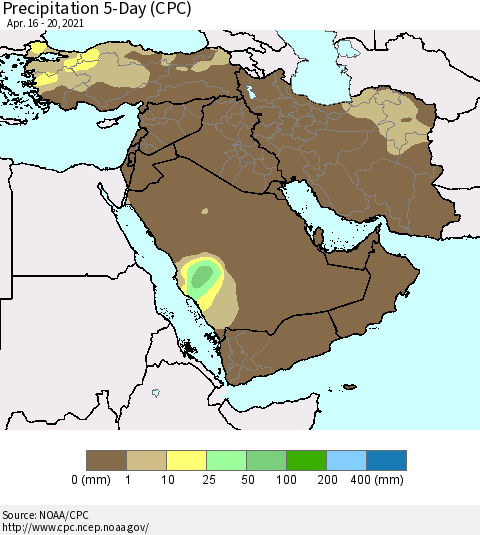 Middle East and Turkey Precipitation 5-Day (CPC) Thematic Map For 4/16/2021 - 4/20/2021