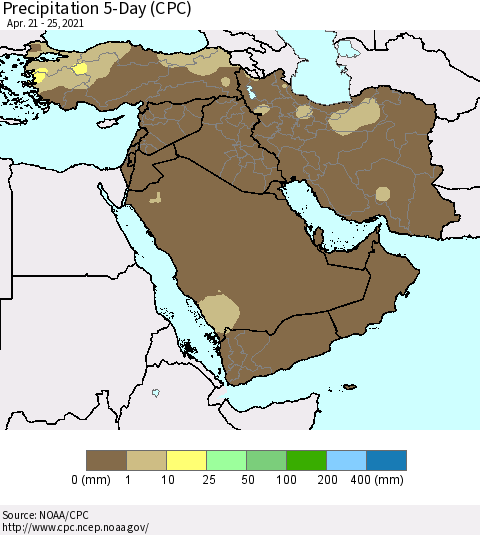 Middle East and Turkey Precipitation 5-Day (CPC) Thematic Map For 4/21/2021 - 4/25/2021