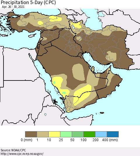 Middle East and Turkey Precipitation 5-Day (CPC) Thematic Map For 4/26/2021 - 4/30/2021