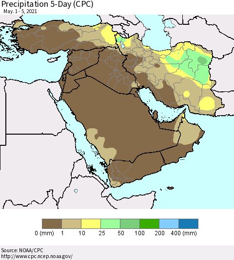 Middle East and Turkey Precipitation 5-Day (CPC) Thematic Map For 5/1/2021 - 5/5/2021