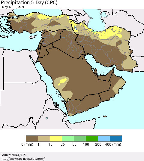 Middle East and Turkey Precipitation 5-Day (CPC) Thematic Map For 5/6/2021 - 5/10/2021