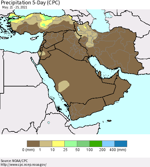 Middle East and Turkey Precipitation 5-Day (CPC) Thematic Map For 5/21/2021 - 5/25/2021