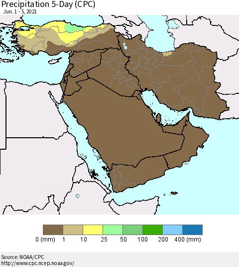 Middle East and Turkey Precipitation 5-Day (CPC) Thematic Map For 6/1/2021 - 6/5/2021