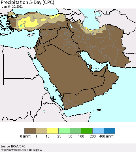 Middle East and Turkey Precipitation 5-Day (CPC) Thematic Map For 6/6/2021 - 6/10/2021