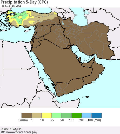 Middle East and Turkey Precipitation 5-Day (CPC) Thematic Map For 6/11/2021 - 6/15/2021
