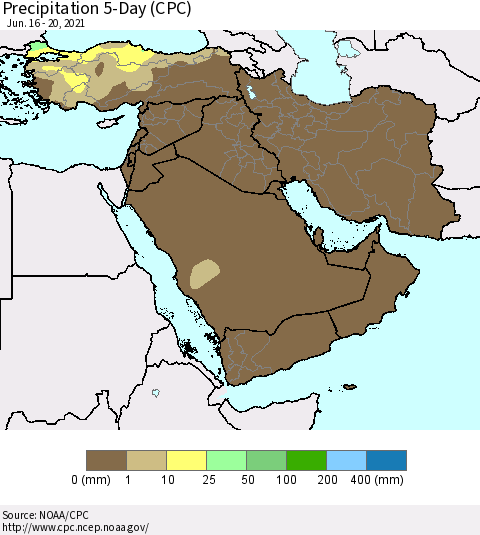 Middle East and Turkey Precipitation 5-Day (CPC) Thematic Map For 6/16/2021 - 6/20/2021