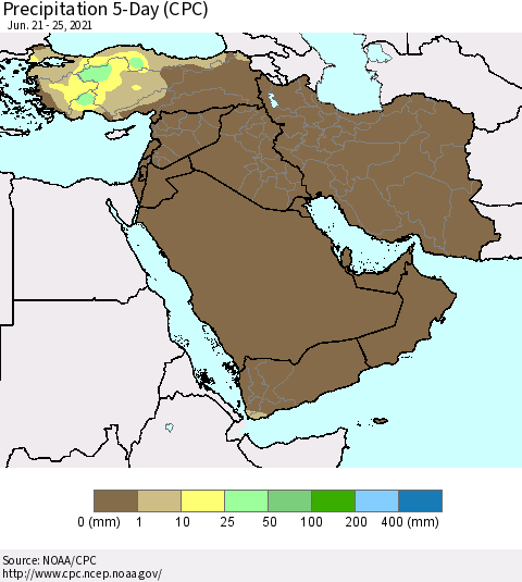 Middle East and Turkey Precipitation 5-Day (CPC) Thematic Map For 6/21/2021 - 6/25/2021