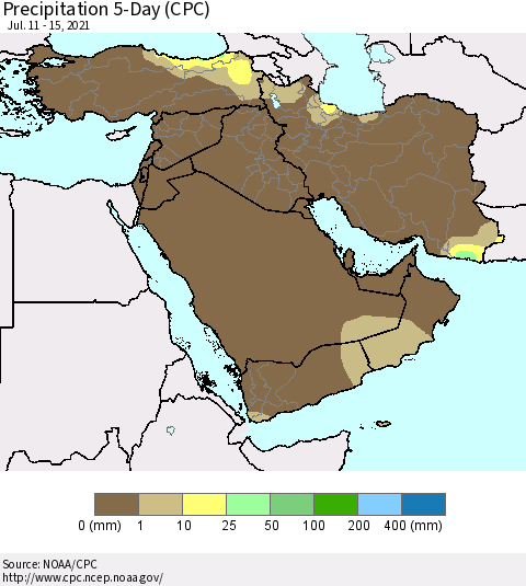 Middle East and Turkey Precipitation 5-Day (CPC) Thematic Map For 7/11/2021 - 7/15/2021