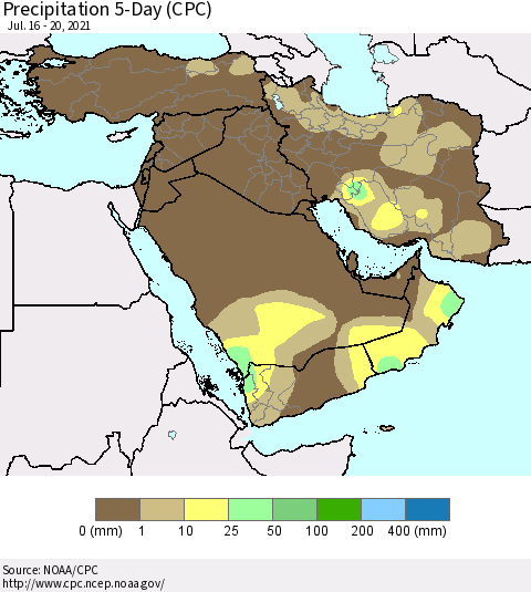 Middle East and Turkey Precipitation 5-Day (CPC) Thematic Map For 7/16/2021 - 7/20/2021