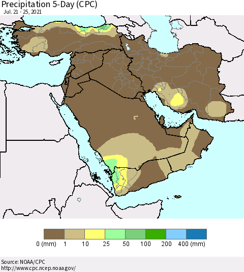 Middle East and Turkey Precipitation 5-Day (CPC) Thematic Map For 7/21/2021 - 7/25/2021