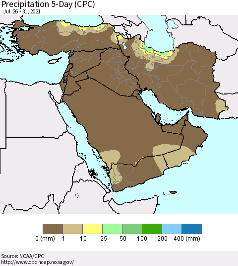Middle East and Turkey Precipitation 5-Day (CPC) Thematic Map For 7/26/2021 - 7/31/2021