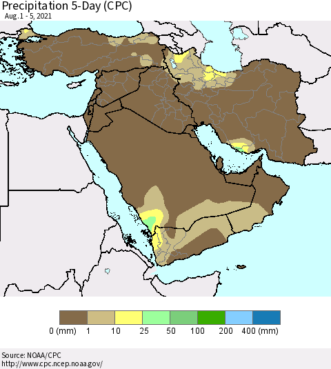 Middle East and Turkey Precipitation 5-Day (CPC) Thematic Map For 8/1/2021 - 8/5/2021