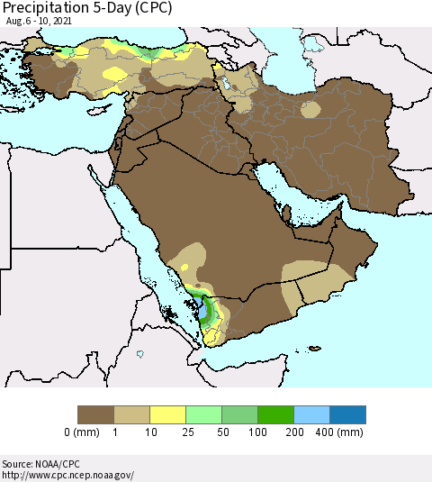 Middle East and Turkey Precipitation 5-Day (CPC) Thematic Map For 8/6/2021 - 8/10/2021