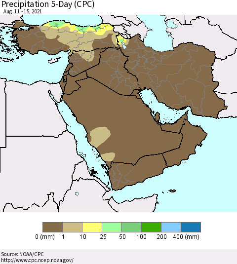 Middle East and Turkey Precipitation 5-Day (CPC) Thematic Map For 8/11/2021 - 8/15/2021