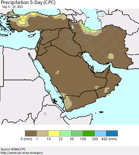 Middle East and Turkey Precipitation 5-Day (CPC) Thematic Map For 9/6/2021 - 9/10/2021