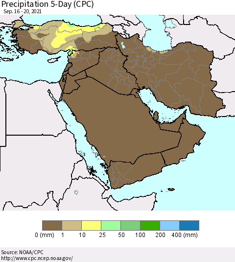 Middle East and Turkey Precipitation 5-Day (CPC) Thematic Map For 9/16/2021 - 9/20/2021