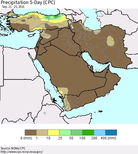 Middle East and Turkey Precipitation 5-Day (CPC) Thematic Map For 9/21/2021 - 9/25/2021