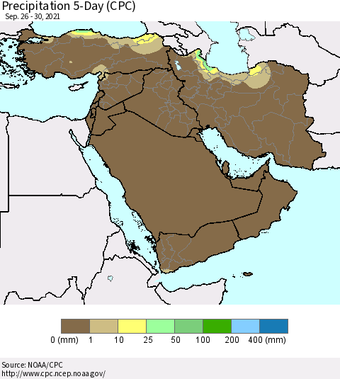 Middle East and Turkey Precipitation 5-Day (CPC) Thematic Map For 9/26/2021 - 9/30/2021