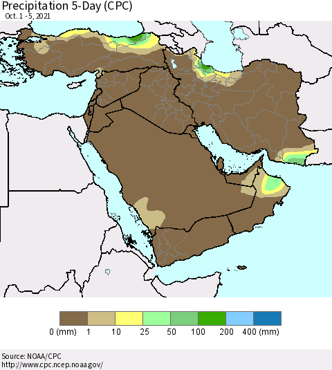 Middle East and Turkey Precipitation 5-Day (CPC) Thematic Map For 10/1/2021 - 10/5/2021