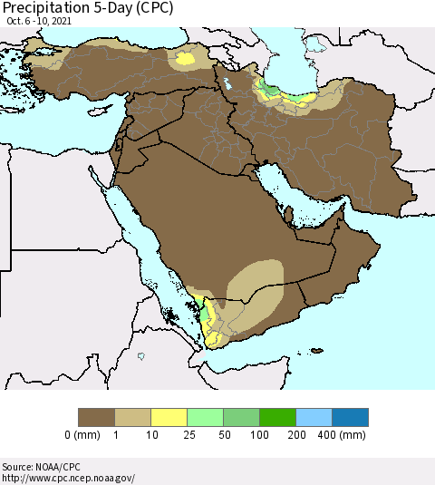 Middle East and Turkey Precipitation 5-Day (CPC) Thematic Map For 10/6/2021 - 10/10/2021