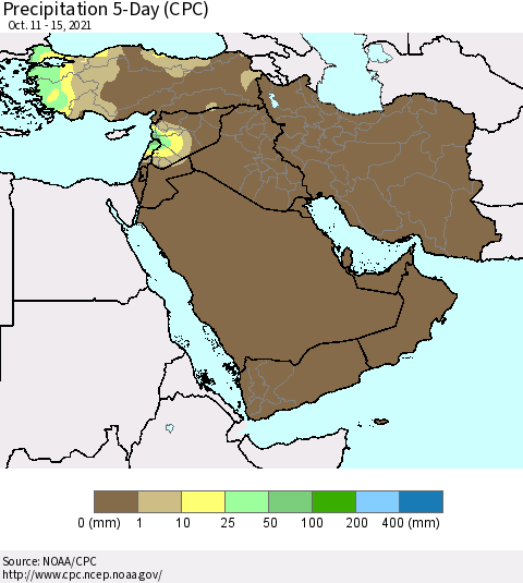 Middle East and Turkey Precipitation 5-Day (CPC) Thematic Map For 10/11/2021 - 10/15/2021