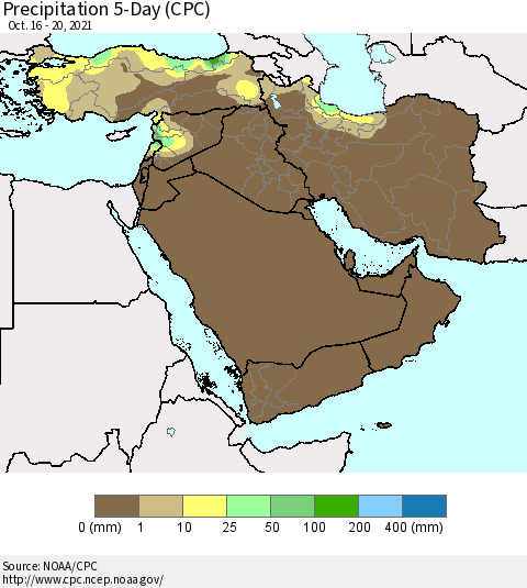 Middle East and Turkey Precipitation 5-Day (CPC) Thematic Map For 10/16/2021 - 10/20/2021