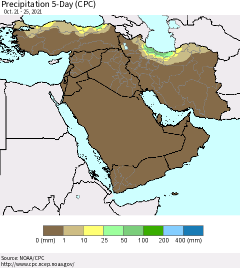 Middle East and Turkey Precipitation 5-Day (CPC) Thematic Map For 10/21/2021 - 10/25/2021
