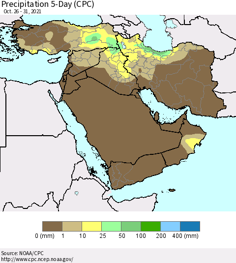 Middle East and Turkey Precipitation 5-Day (CPC) Thematic Map For 10/26/2021 - 10/31/2021