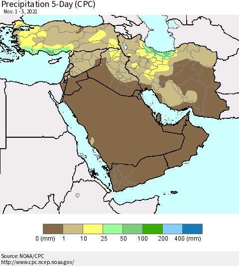 Middle East and Turkey Precipitation 5-Day (CPC) Thematic Map For 11/1/2021 - 11/5/2021