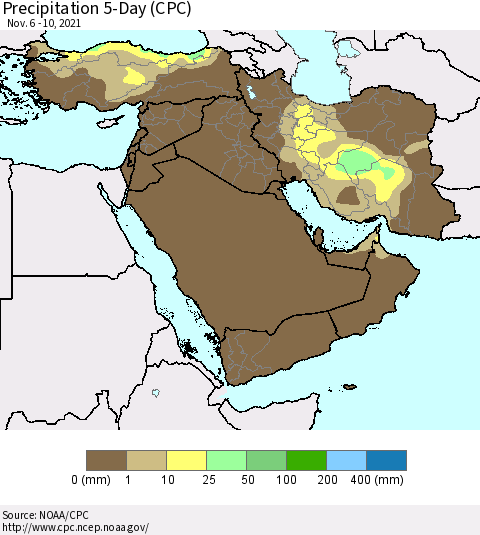 Middle East and Turkey Precipitation 5-Day (CPC) Thematic Map For 11/6/2021 - 11/10/2021