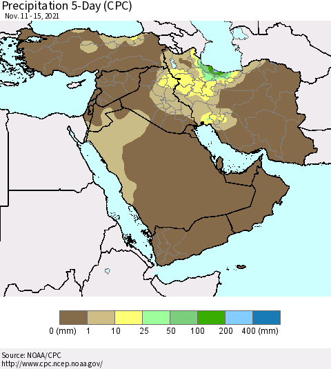 Middle East and Turkey Precipitation 5-Day (CPC) Thematic Map For 11/11/2021 - 11/15/2021