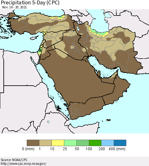 Middle East and Turkey Precipitation 5-Day (CPC) Thematic Map For 11/16/2021 - 11/20/2021