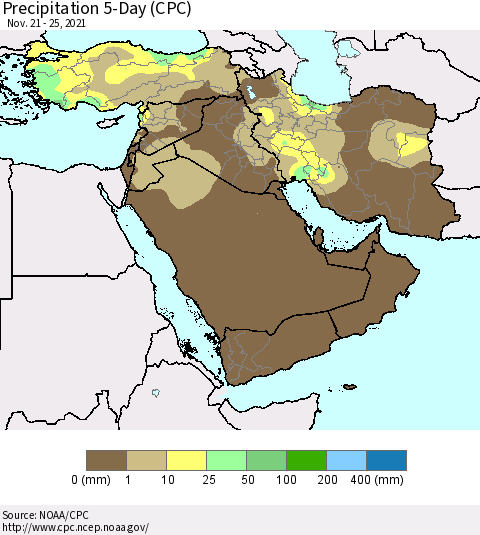 Middle East and Turkey Precipitation 5-Day (CPC) Thematic Map For 11/21/2021 - 11/25/2021