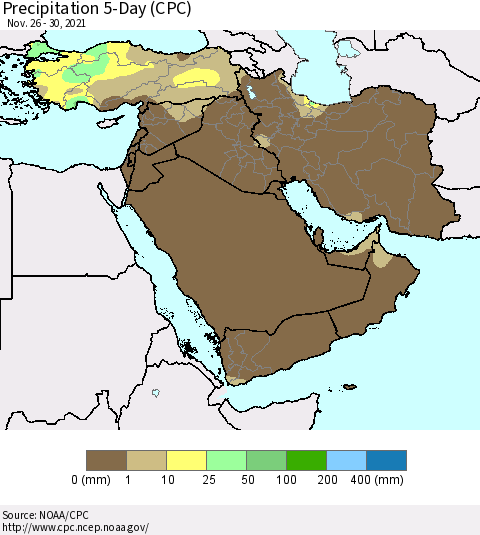 Middle East and Turkey Precipitation 5-Day (CPC) Thematic Map For 11/26/2021 - 11/30/2021