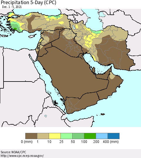Middle East and Turkey Precipitation 5-Day (CPC) Thematic Map For 12/1/2021 - 12/5/2021