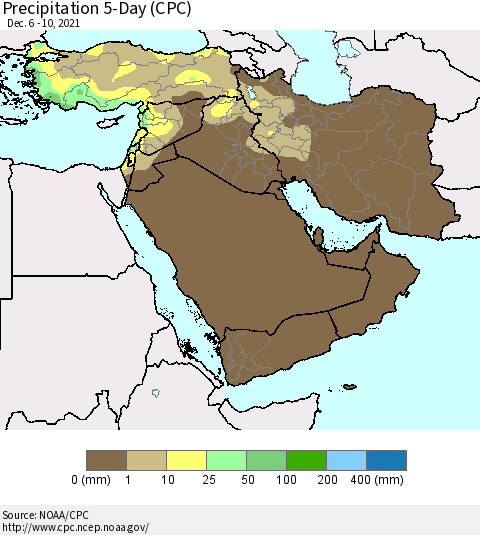 Middle East and Turkey Precipitation 5-Day (CPC) Thematic Map For 12/6/2021 - 12/10/2021