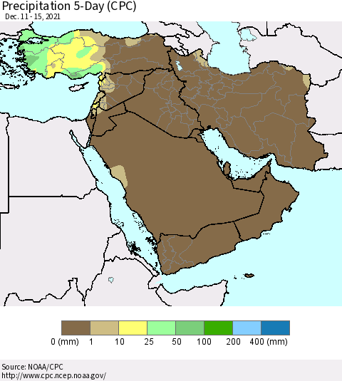 Middle East and Turkey Precipitation 5-Day (CPC) Thematic Map For 12/11/2021 - 12/15/2021