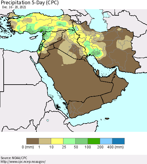 Middle East and Turkey Precipitation 5-Day (CPC) Thematic Map For 12/16/2021 - 12/20/2021