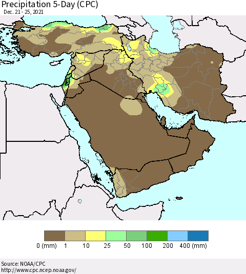 Middle East and Turkey Precipitation 5-Day (CPC) Thematic Map For 12/21/2021 - 12/25/2021