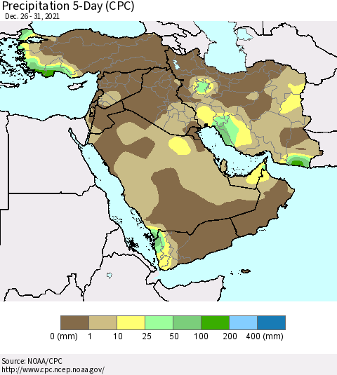Middle East and Turkey Precipitation 5-Day (CPC) Thematic Map For 12/26/2021 - 12/31/2021