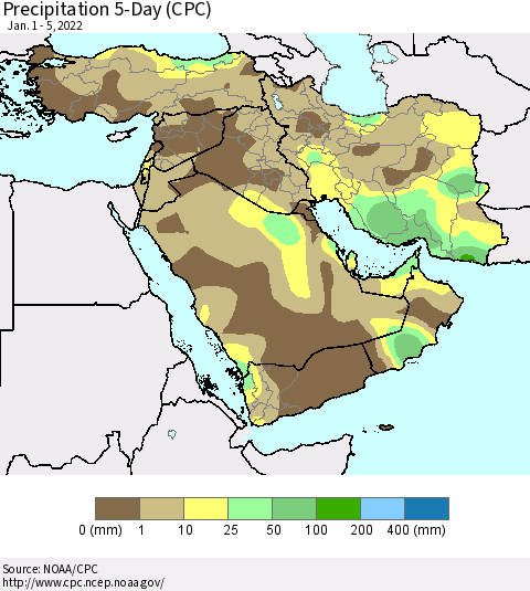 Middle East and Turkey Precipitation 5-Day (CPC) Thematic Map For 1/1/2022 - 1/5/2022