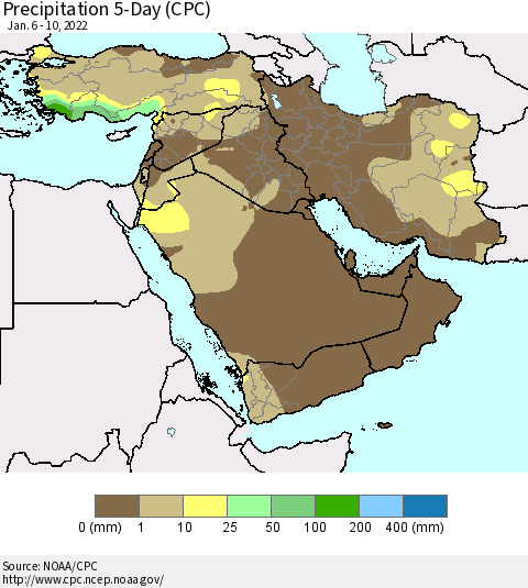 Middle East and Turkey Precipitation 5-Day (CPC) Thematic Map For 1/6/2022 - 1/10/2022
