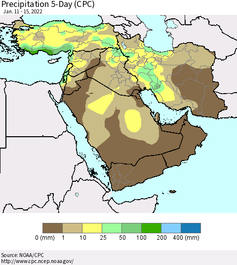 Middle East and Turkey Precipitation 5-Day (CPC) Thematic Map For 1/11/2022 - 1/15/2022