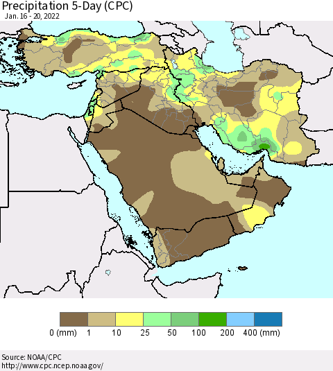Middle East and Turkey Precipitation 5-Day (CPC) Thematic Map For 1/16/2022 - 1/20/2022