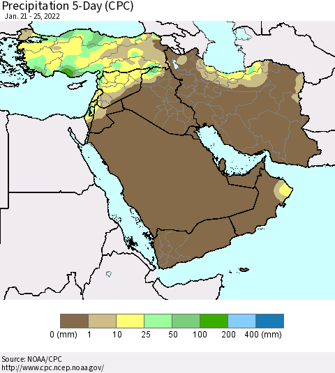 Middle East and Turkey Precipitation 5-Day (CPC) Thematic Map For 1/21/2022 - 1/25/2022